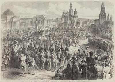 La coronación del Zar, la proclamación de la ceremonia por los oficiales imperiales de Gustave Janet